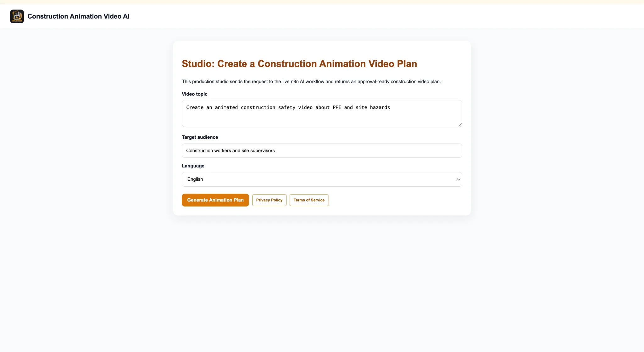 Enter the construction topic, audience and language